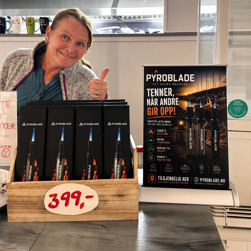 Anne-Grethe og Jann-Ove Søberg fra Tafjord Båthavn og Bistro/Camping kjøpte hver sin Pyroblade-lighter fra første parti. Kort tid senere ønsket de å tilby den videre til kundene sine.