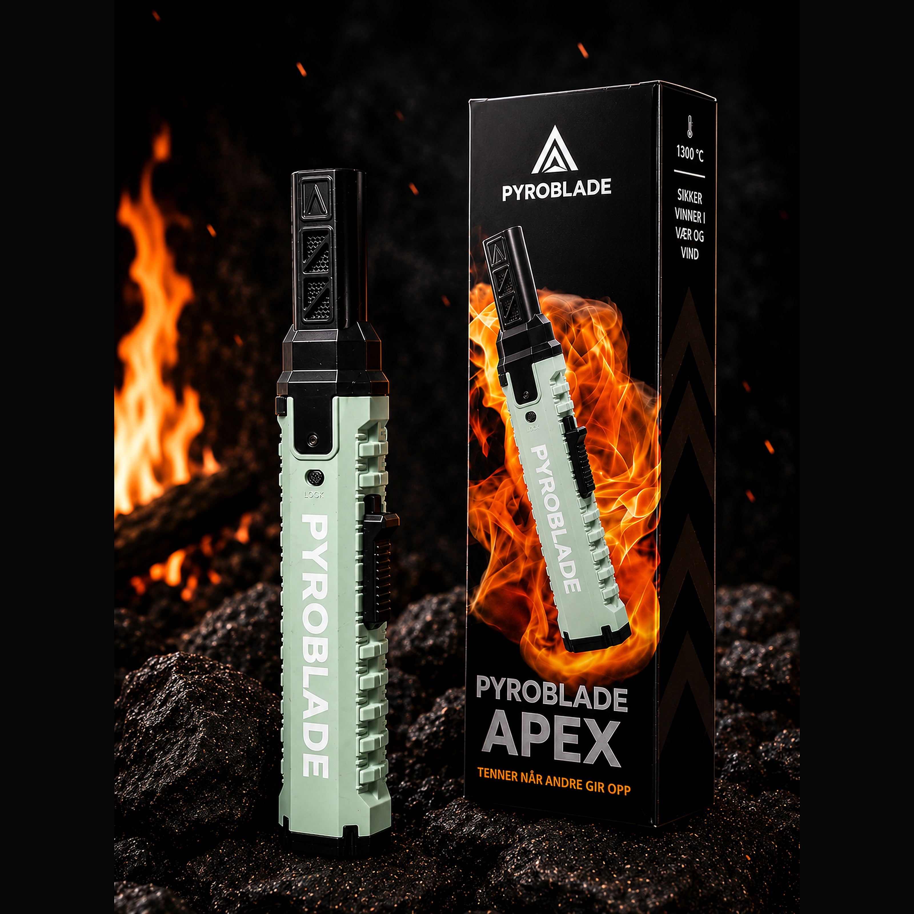 Pyroblade Apex stormlighter. 
Designet for norske forrhold med både vind, regn og kulde i tankene.
Testvinner å utkonkurrerertil og med  Primus Power Lighter.
Testet ned til 20 minus grader