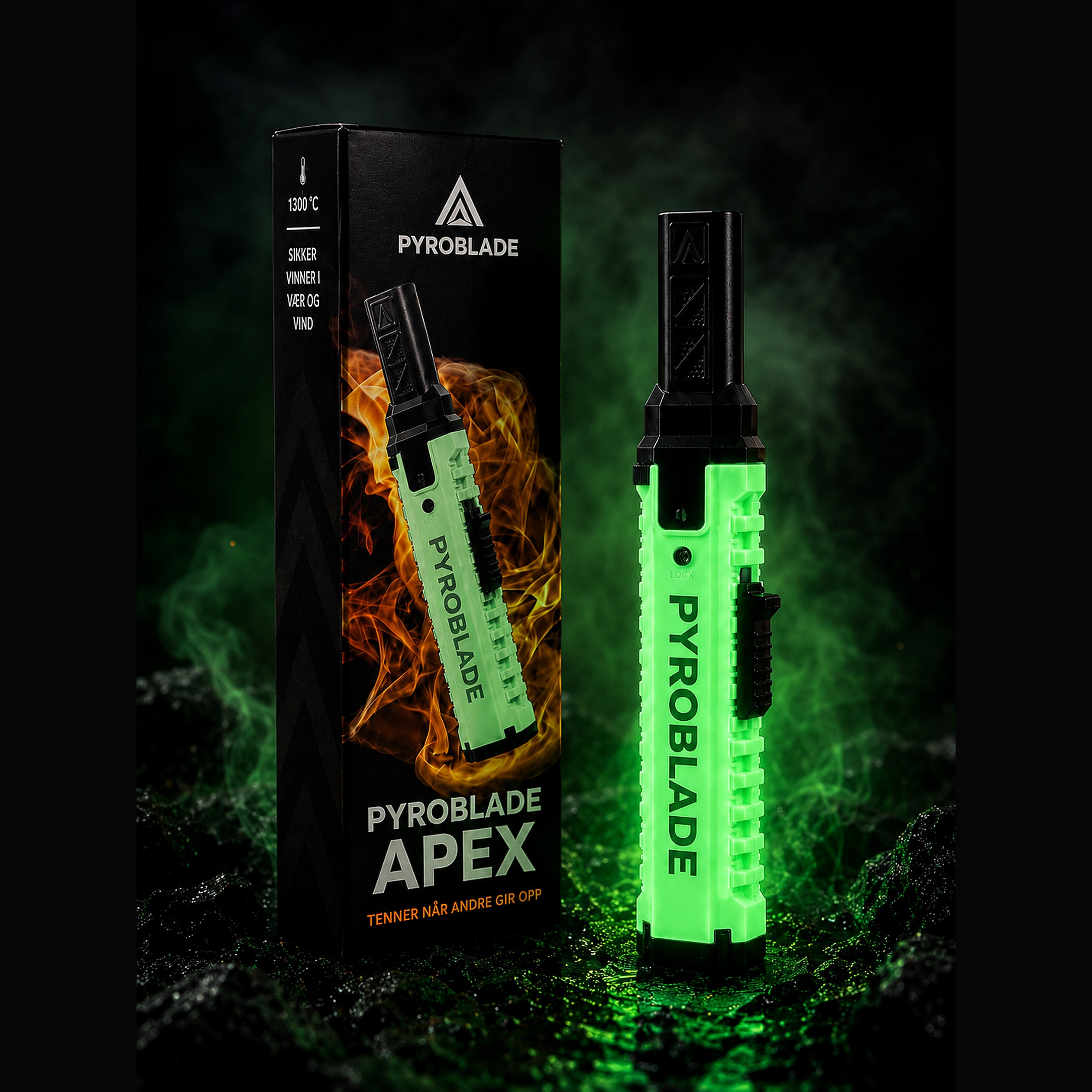 Pyroblade Apex stormlighter. 
Designet for norske forrhold med både vind, regn og kulde i tankene.
Testvinner å utkonkurrerertil og med  Primus Power Lighter.
Testet ned til 20 minus grader
