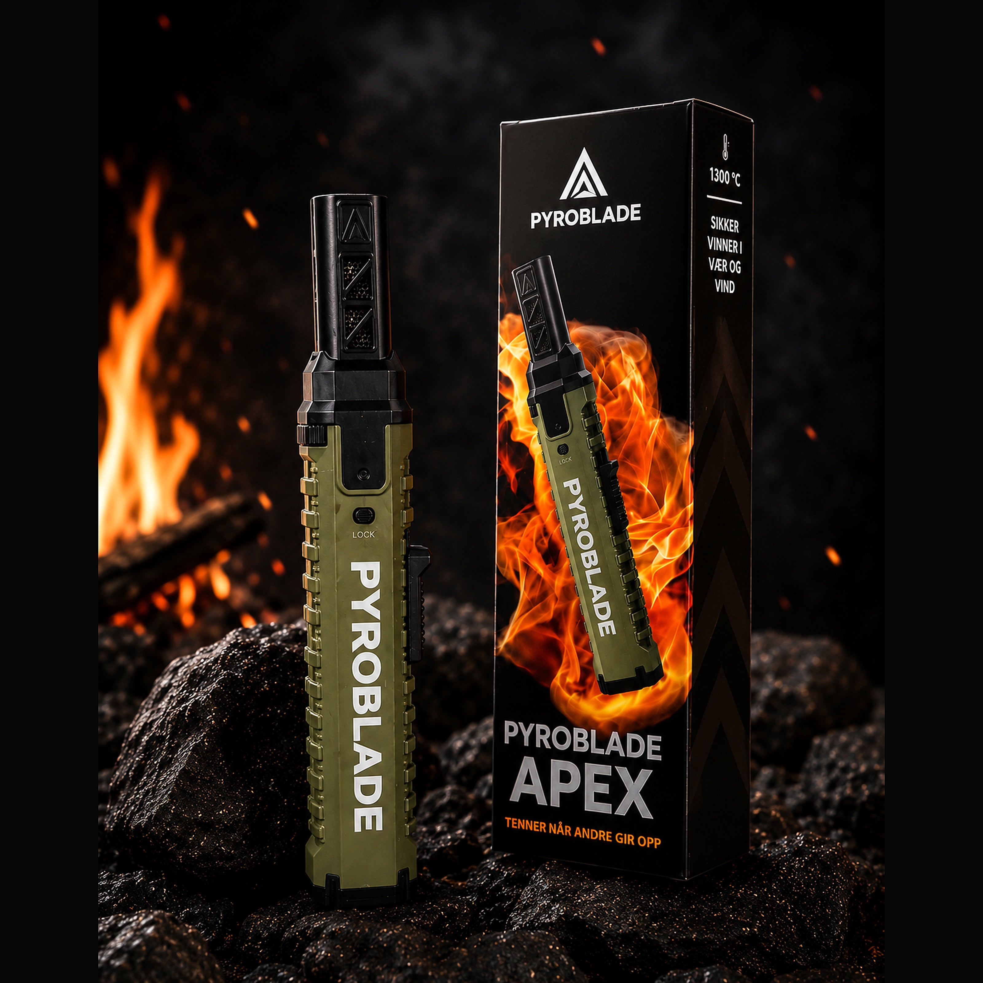 Pyroblade Apex stormlighter. 
Designet for norske forrhold med både vind, regn og kulde i tankene.
Testvinner å utkonkurrerertil og med  Primus Power Lighter.
Testet ned til 20 minus grader
