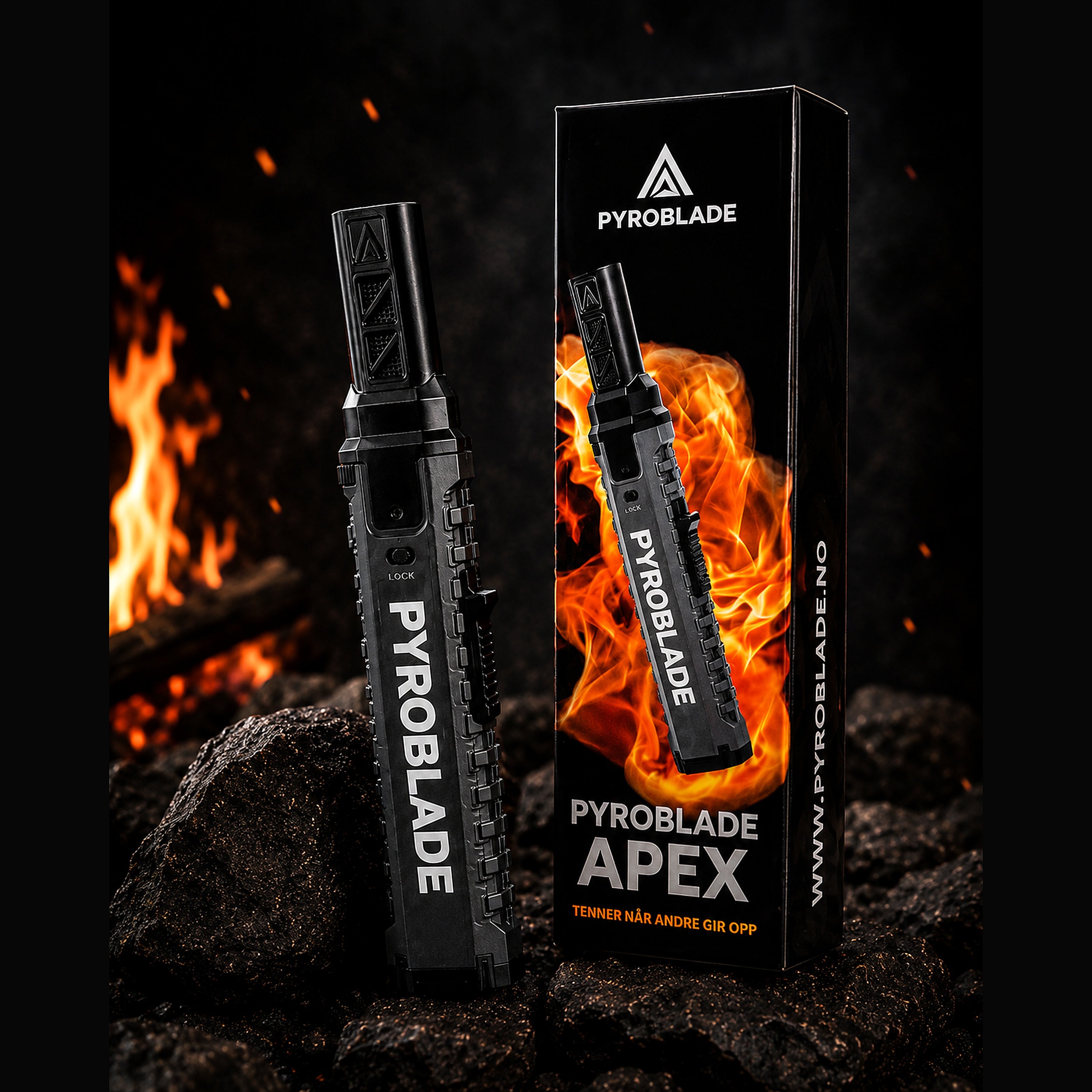 Pyroblade Apex stormlighter. 
Designet for norske forrhold med både vind, regn og kulde i tankene.
Testvinner å utkonkurrerertil og med  Primus Power Lighter.
Testet ned til 20 minus grader