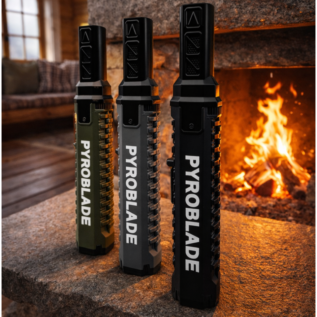 Pyroblade Apex stormlighter i sort, militær grønn og grå foran peis med flammer, kraftig jet-flamme på 1300°C, vind og værsikker